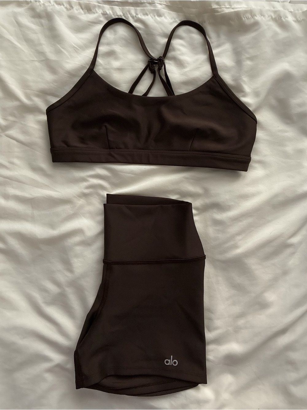 ALO Yoga Brown Strappy Sports Bra and High-Waist Shorts Set
